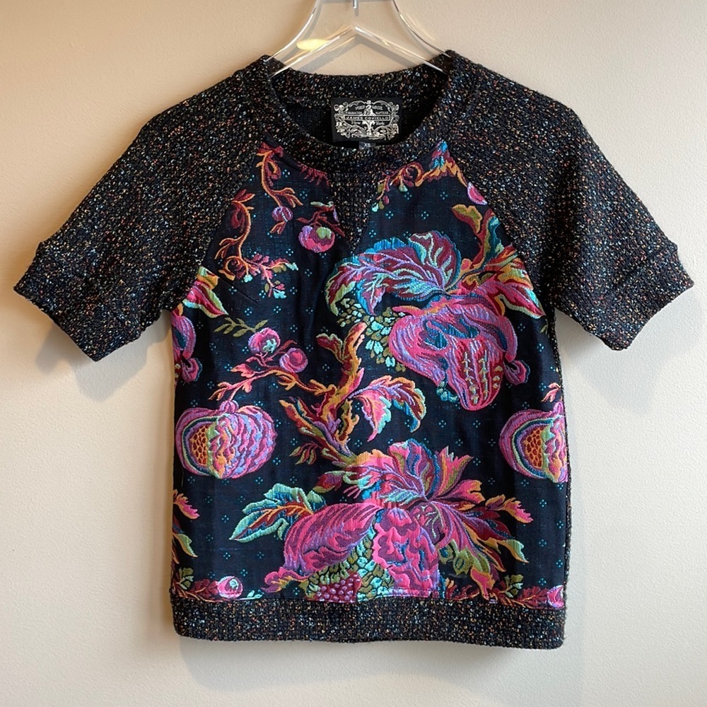 James Coviello Floral Metallic Brocade Tweed Sweater Blouse